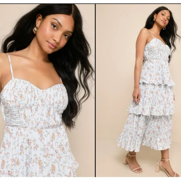 NWT Cascading Crush Pale Blue Floral Print Tiered Bustier Midi Dress Sz L - Picture 1 of 16